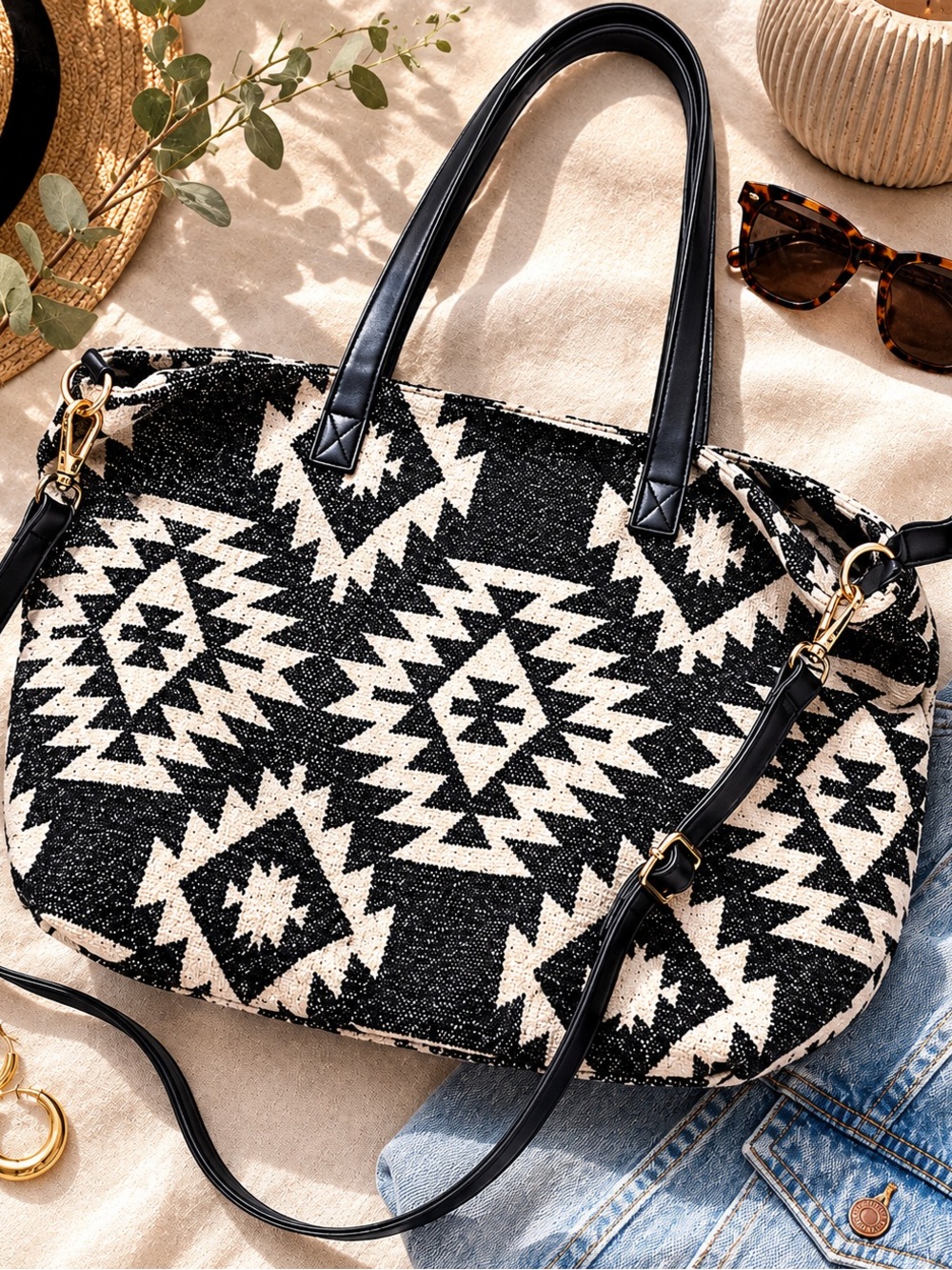 Boho Southwestern Woven Tote Bag Black Cream Aztec Print Oversized Travel Bag